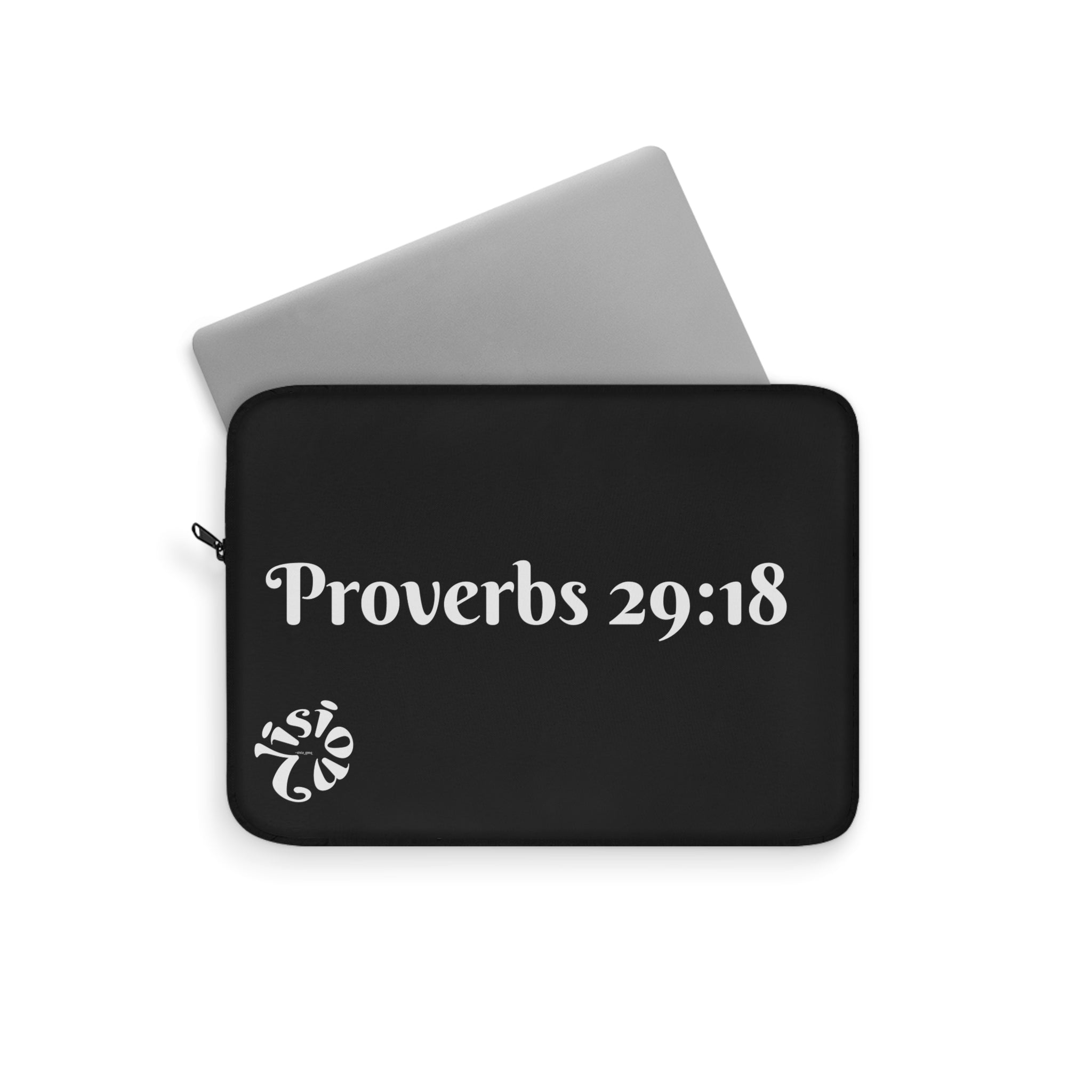 "Vision Roots Proverbs 29:18 faith laptop sleeve — Christian tech accessory."