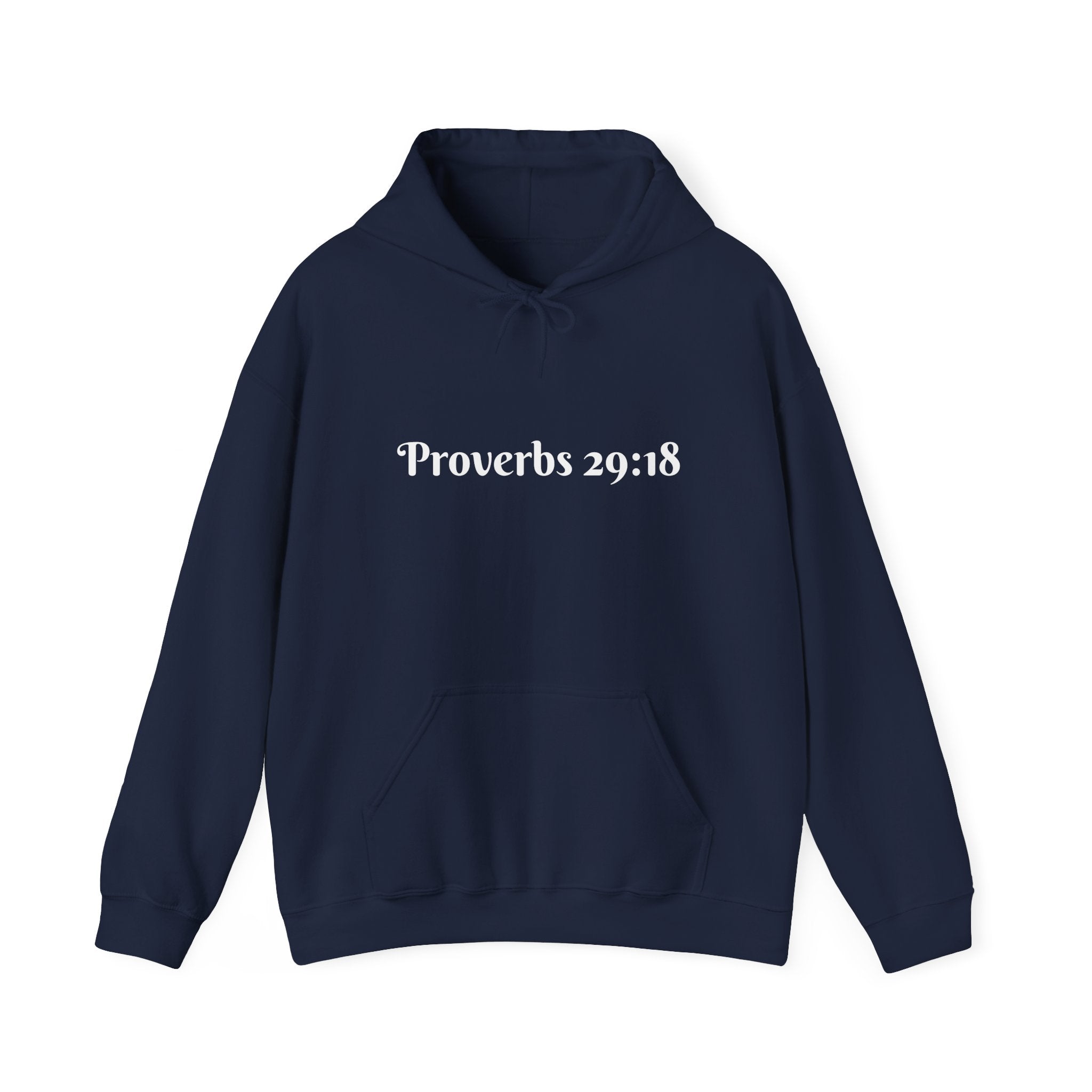 Vision Roots faith hoodie in Navy — Proverbs 29:18 unisex hoodie
