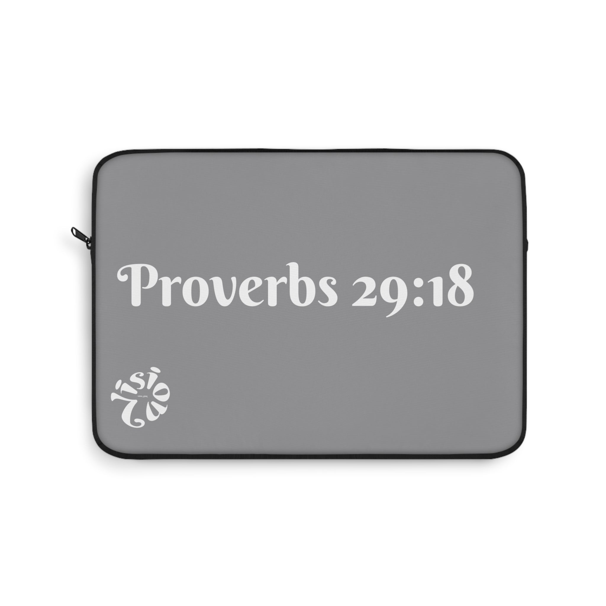 "Vision Roots Proverbs 29:18 faith laptop sleeve — Christian tech accessory."