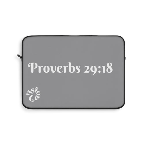 "Vision Roots Proverbs 29:18 faith laptop sleeve — Christian tech accessory."