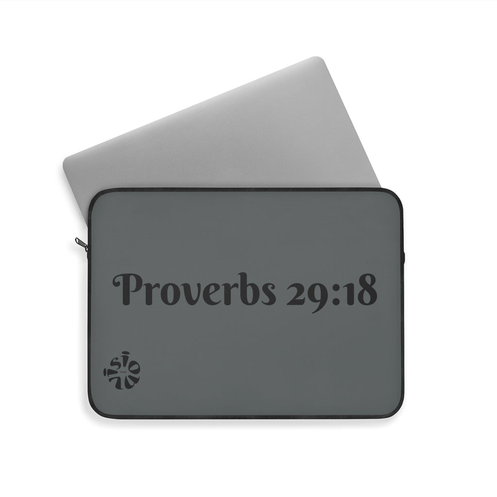 "Vision Roots Proverbs 29:18 faith laptop sleeve — Christian tech accessory."