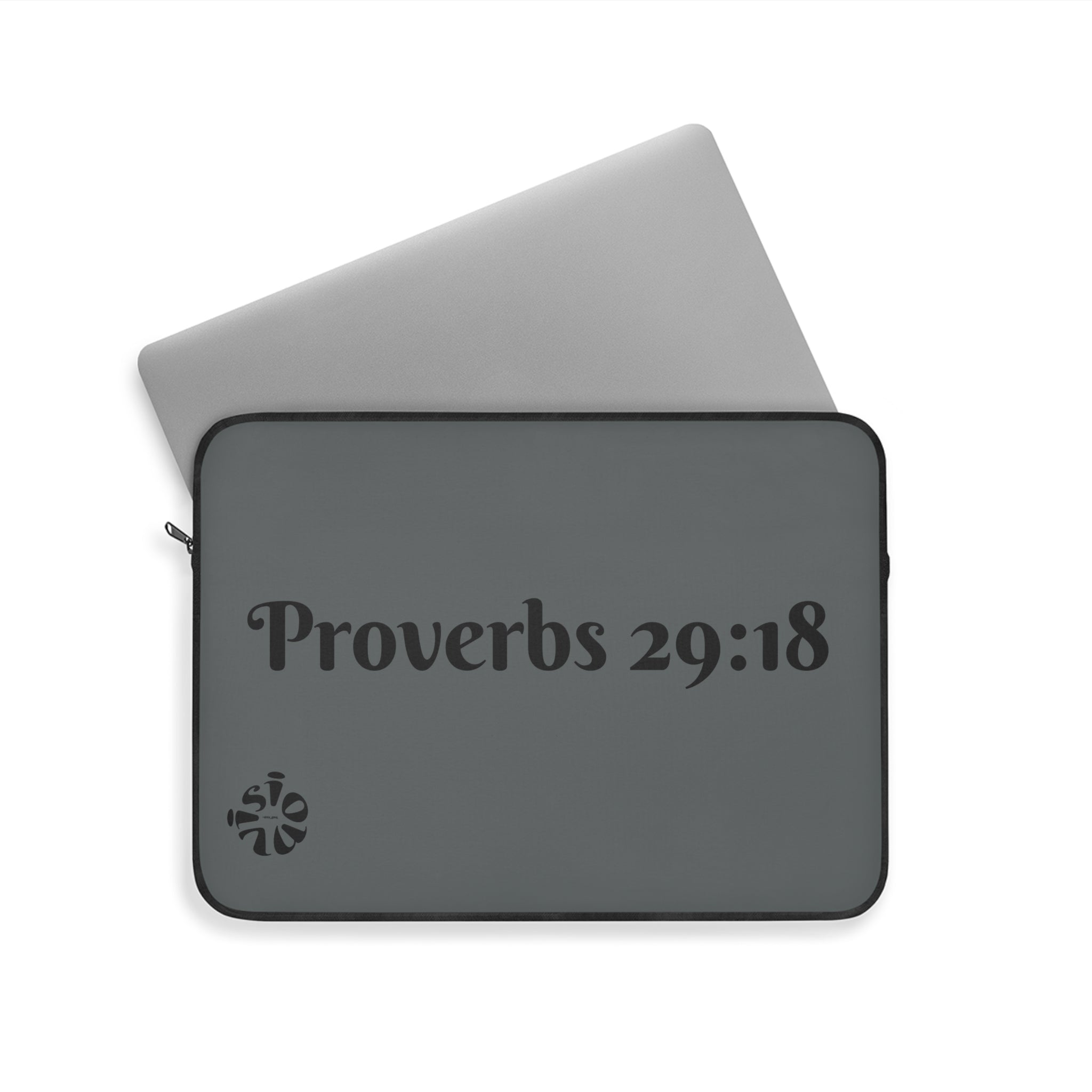 "Vision Roots Proverbs 29:18 faith laptop sleeve — Christian tech accessory."