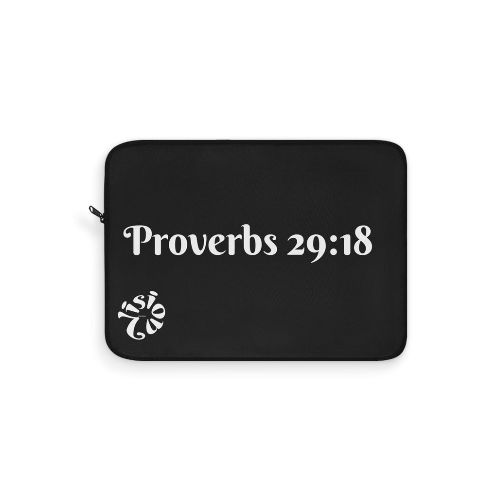 "Vision Roots Proverbs 29:18 faith laptop sleeve — Christian tech accessory."