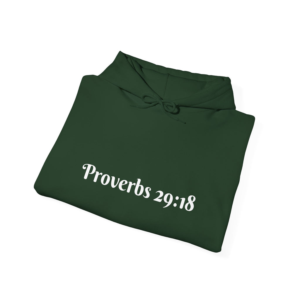Vision Roots faith hoodie in Dark Green — Proverbs 29:18 unisex hoodie