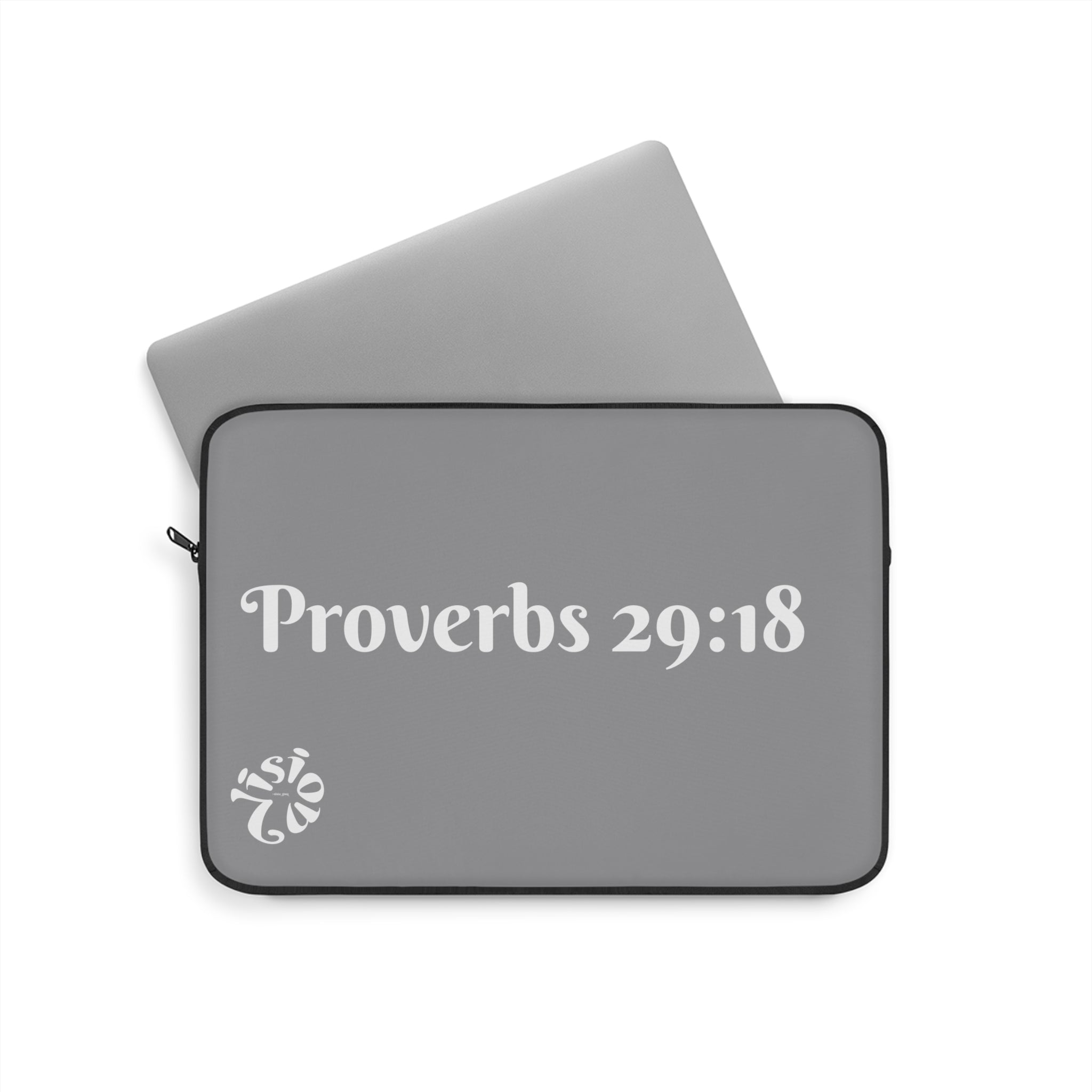 "Vision Roots Proverbs 29:18 faith laptop sleeve — Christian tech accessory."